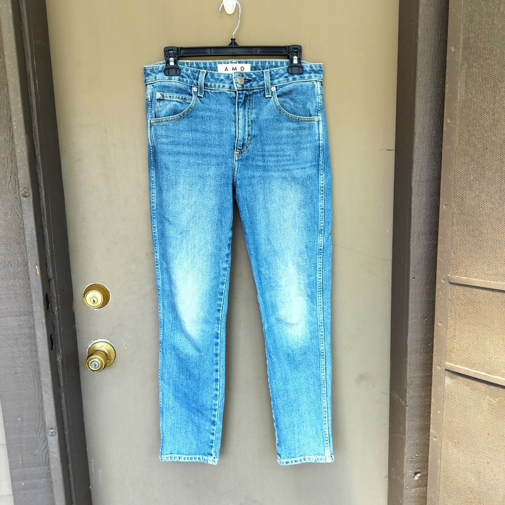 AMO Kate Medium Wash Slim‎ Straight Leg Midrise Denim Jeans Blue